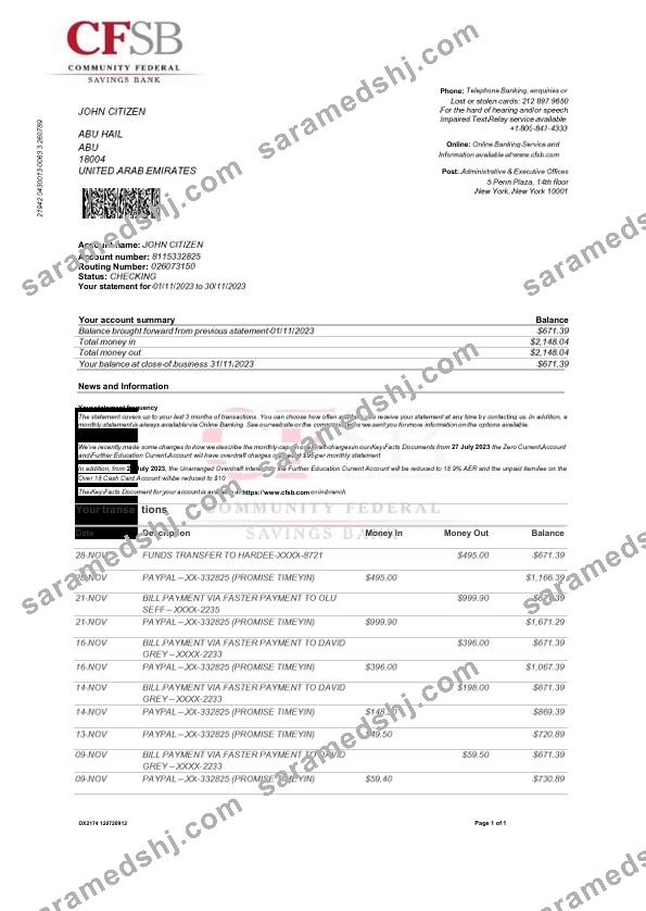 USA CFSB bank statement Word and PDF template